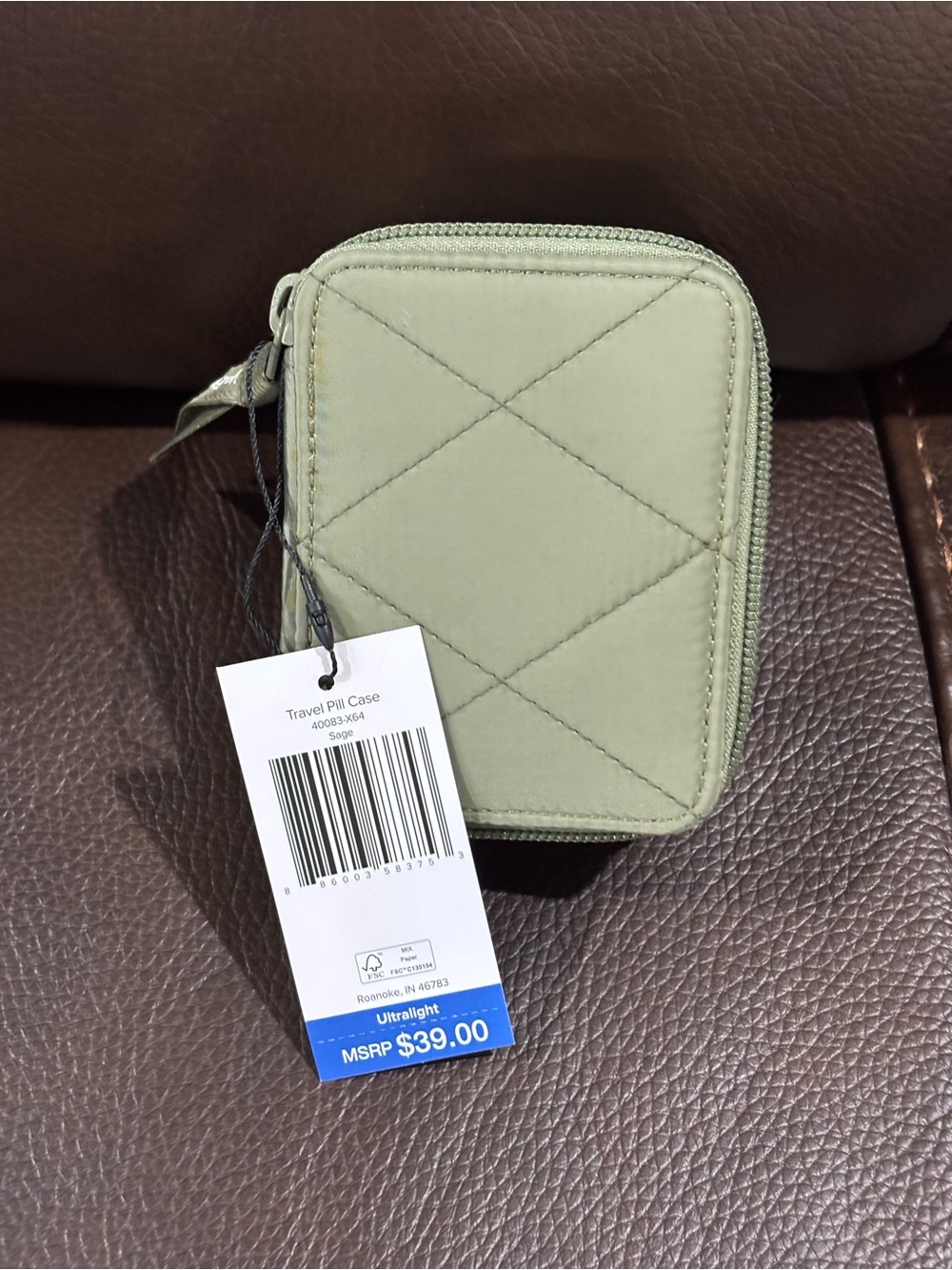 Vera Bradley Travel Pill Case - Sage Quilted Zip Pouch with Tag